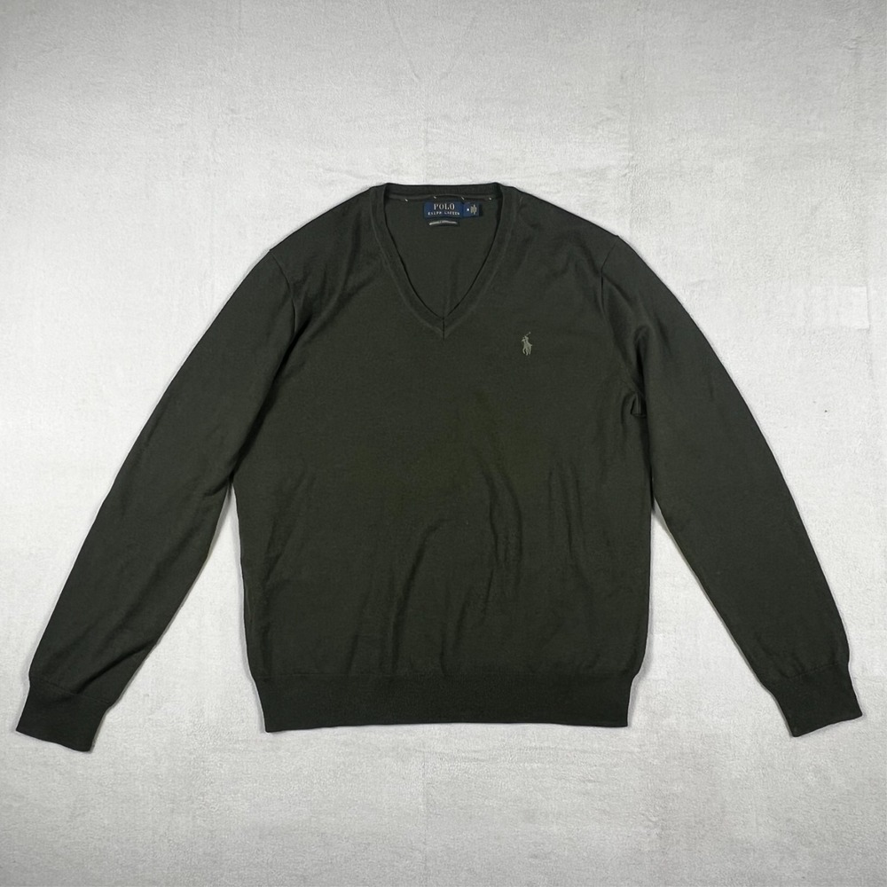 Polo Ralph Lauren V-Neck Sweater Men's Medium Green Merino Wool Pullover Pony